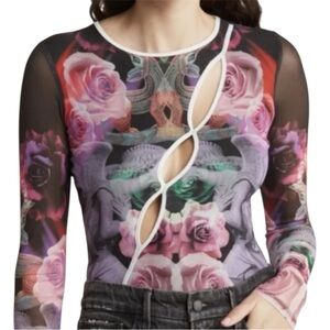 AFRM Gigi Front Cutout Mesh Bodysuit Sz Large Floral & Angels